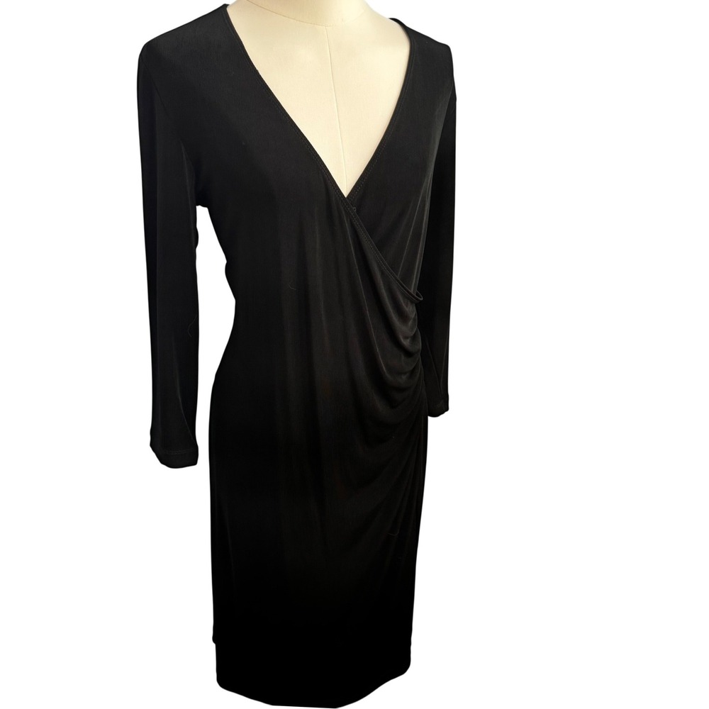 Chicos Travelers Black Faux Wrap Dress Size 1 Medium Ruched Midi Classic Staple